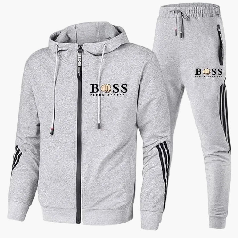 Men's hooded tracksuit set with full-zip jacket and tapered jogger trousers