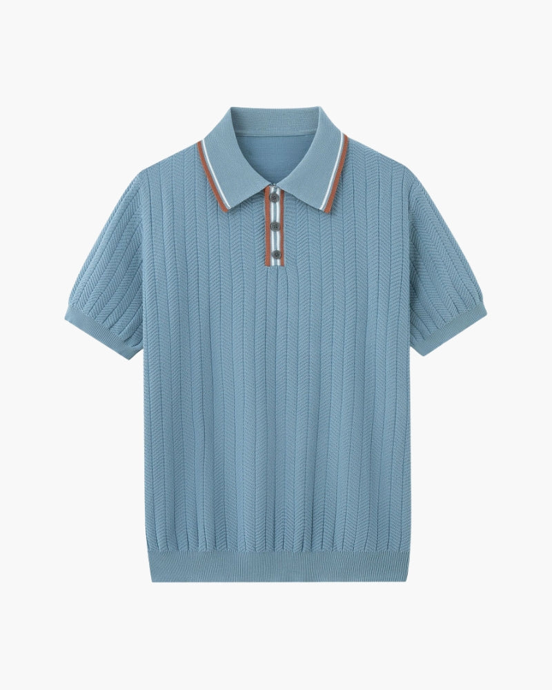 Men's short-sleeve textured knit polo shirt with button placket and ribbed trims