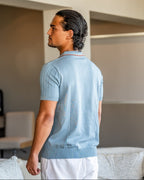 Men's short-sleeve textured knit polo shirt with button placket and ribbed trims