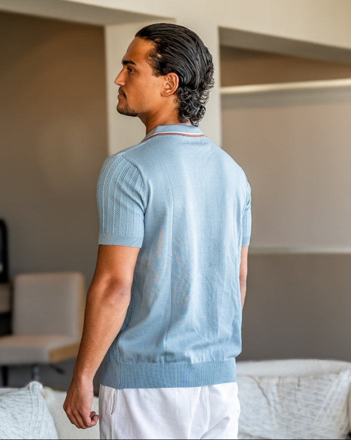 Men's short-sleeve textured knit polo shirt with button placket and ribbed trims