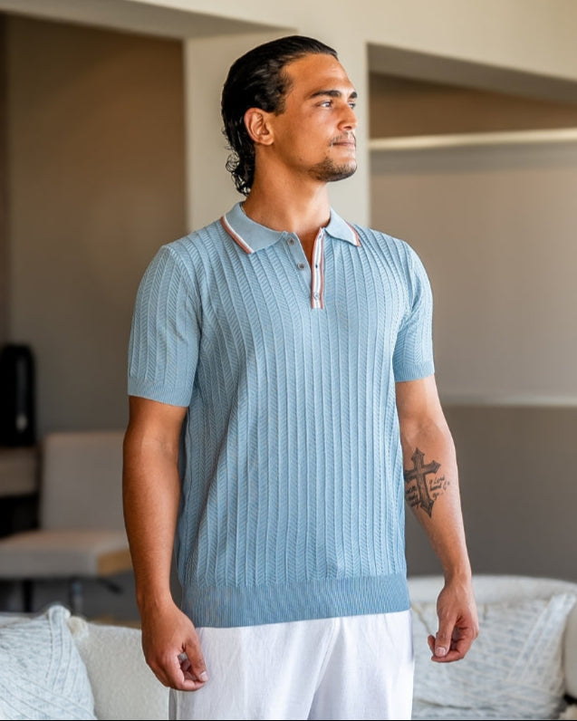 Men's short-sleeve textured knit polo shirt with button placket and ribbed trims