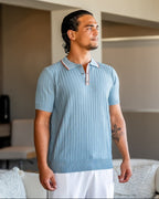 Men's short-sleeve textured knit polo shirt with button placket and ribbed trims