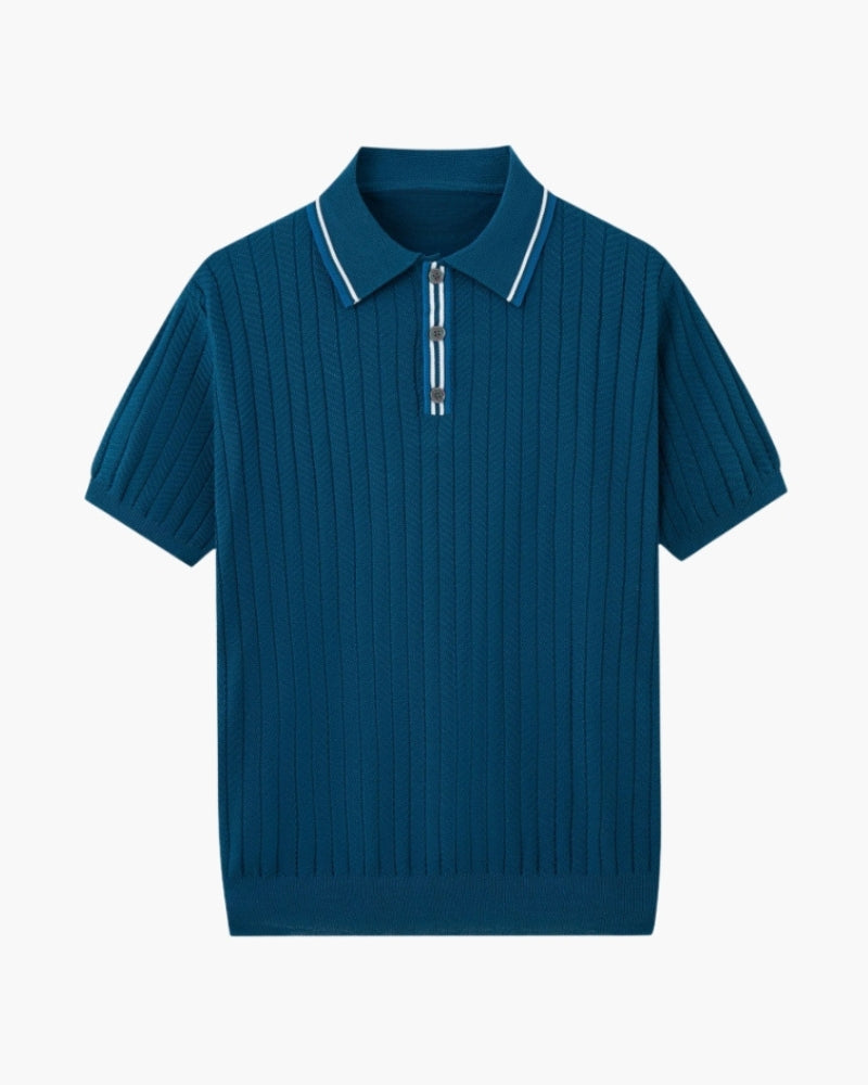 Men's short-sleeve textured knit polo shirt with button placket and ribbed trims