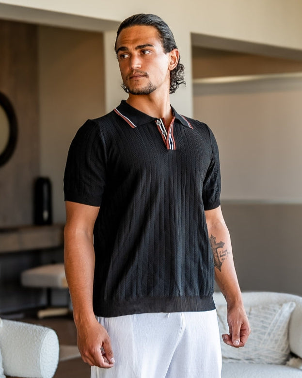 Men's short-sleeve textured knit polo shirt with button placket and ribbed trims