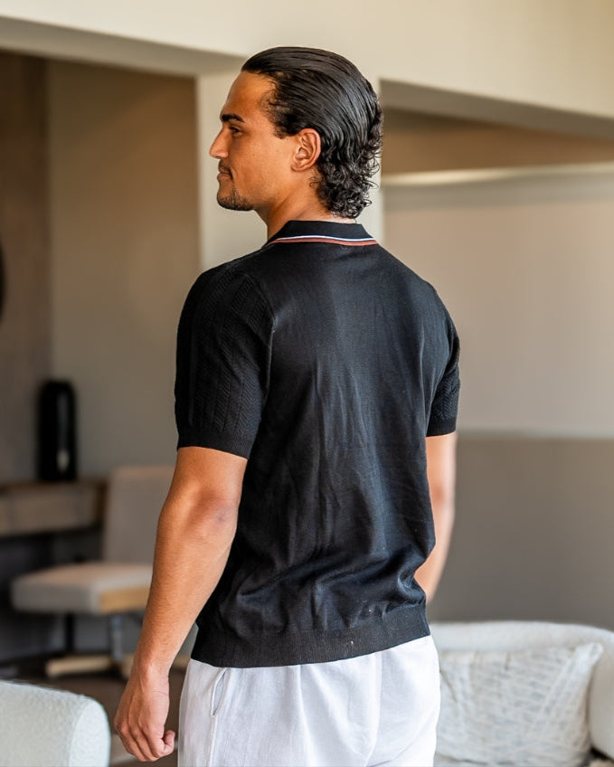 Men's short-sleeve textured knit polo shirt with button placket and ribbed trims
