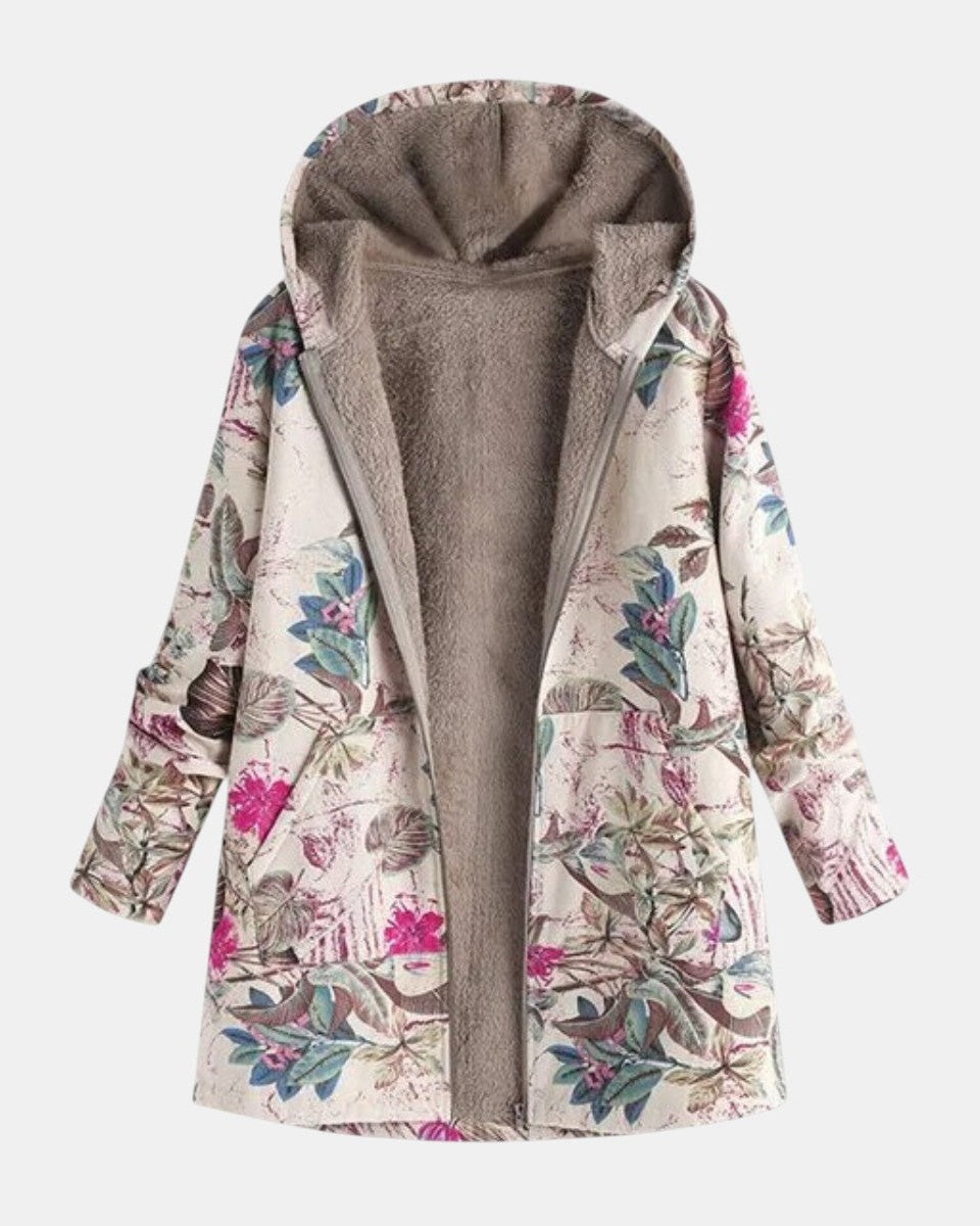 Women's beige floral hooded coat with long sleeves and zip fastening