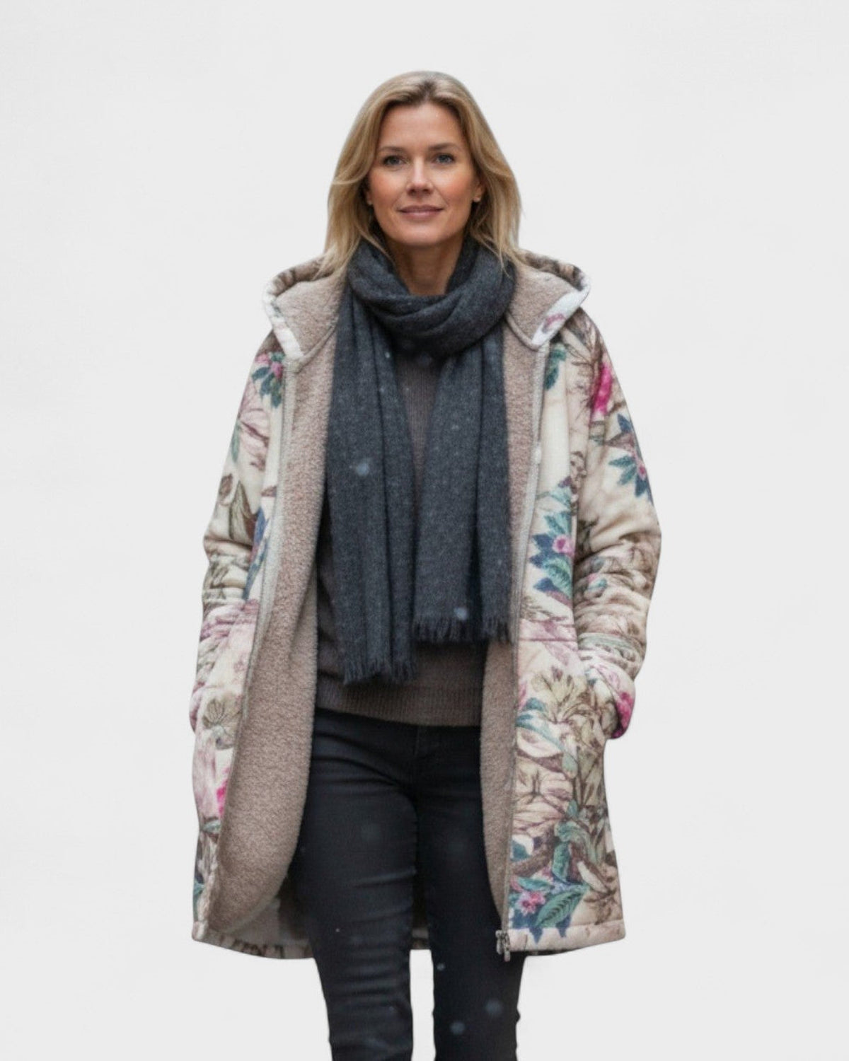 Women's beige floral hooded coat with long sleeves and zip fastening