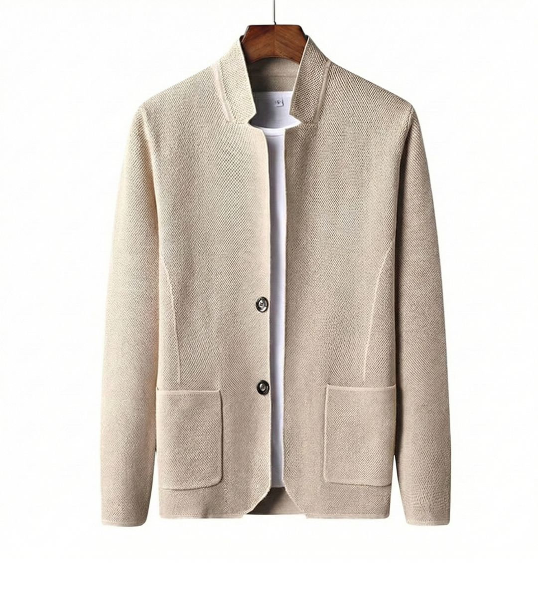 Men's textured cardigan with stand collar, button front and two patch pockets