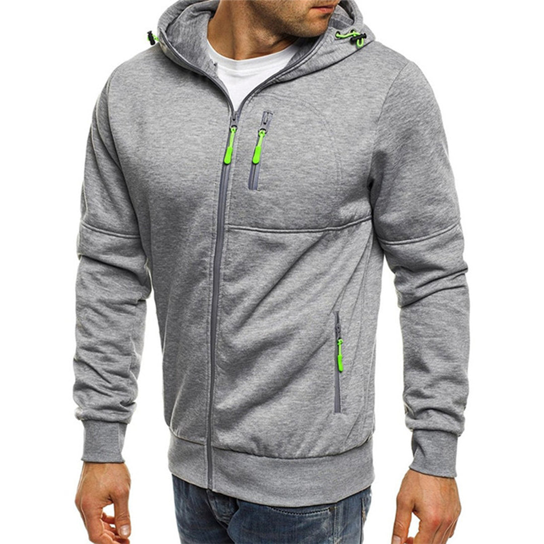 Men's long-sleeve hooded zip hoodie with zipped pockets and contrasting pulls