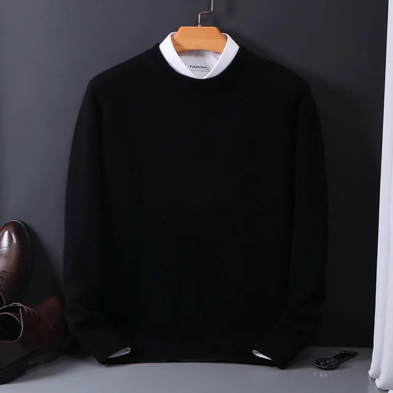 Men's plain long-sleeved crew neck jumper with ribbed trims and layered white collar