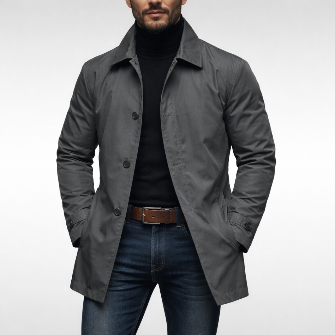 Men's button-front coat with point collar, long sleeves and side pockets