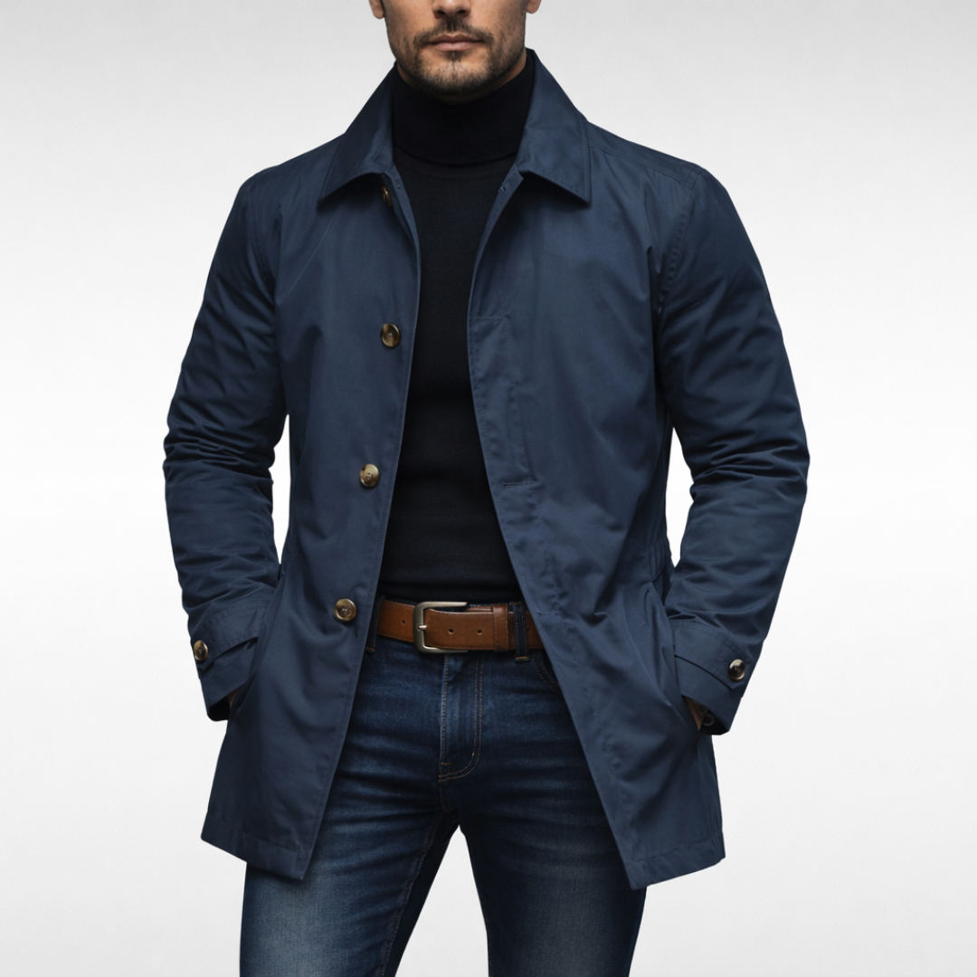 Men's button-front coat with point collar, long sleeves and side pockets