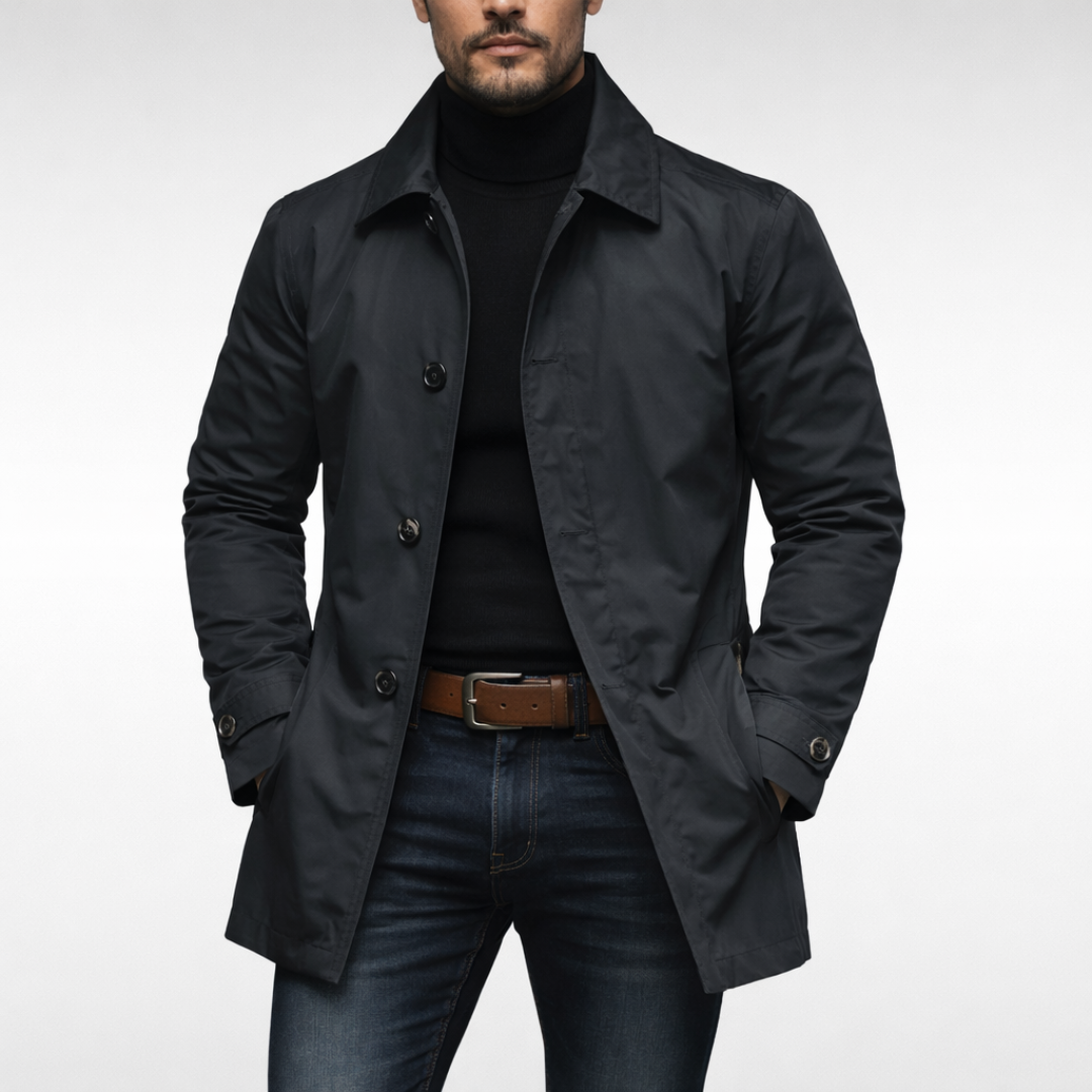 Men's button-front coat with point collar, long sleeves and side pockets