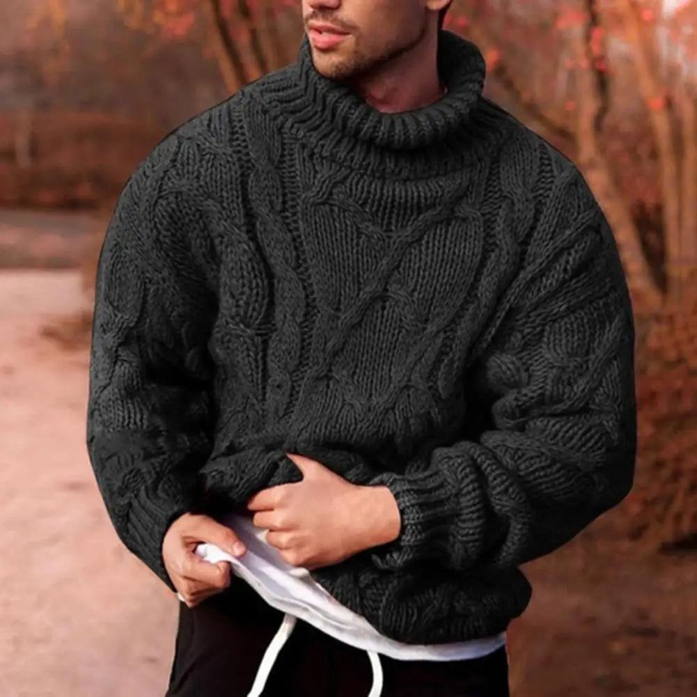 Men's chunky cable knit turtleneck jumper with long sleeves and ribbed trims