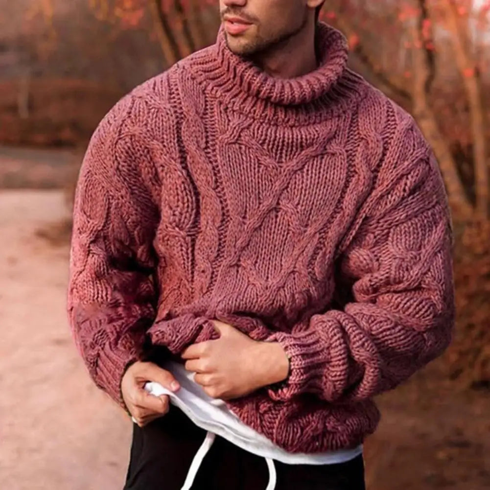 Men's chunky cable knit turtleneck jumper with long sleeves and ribbed trims