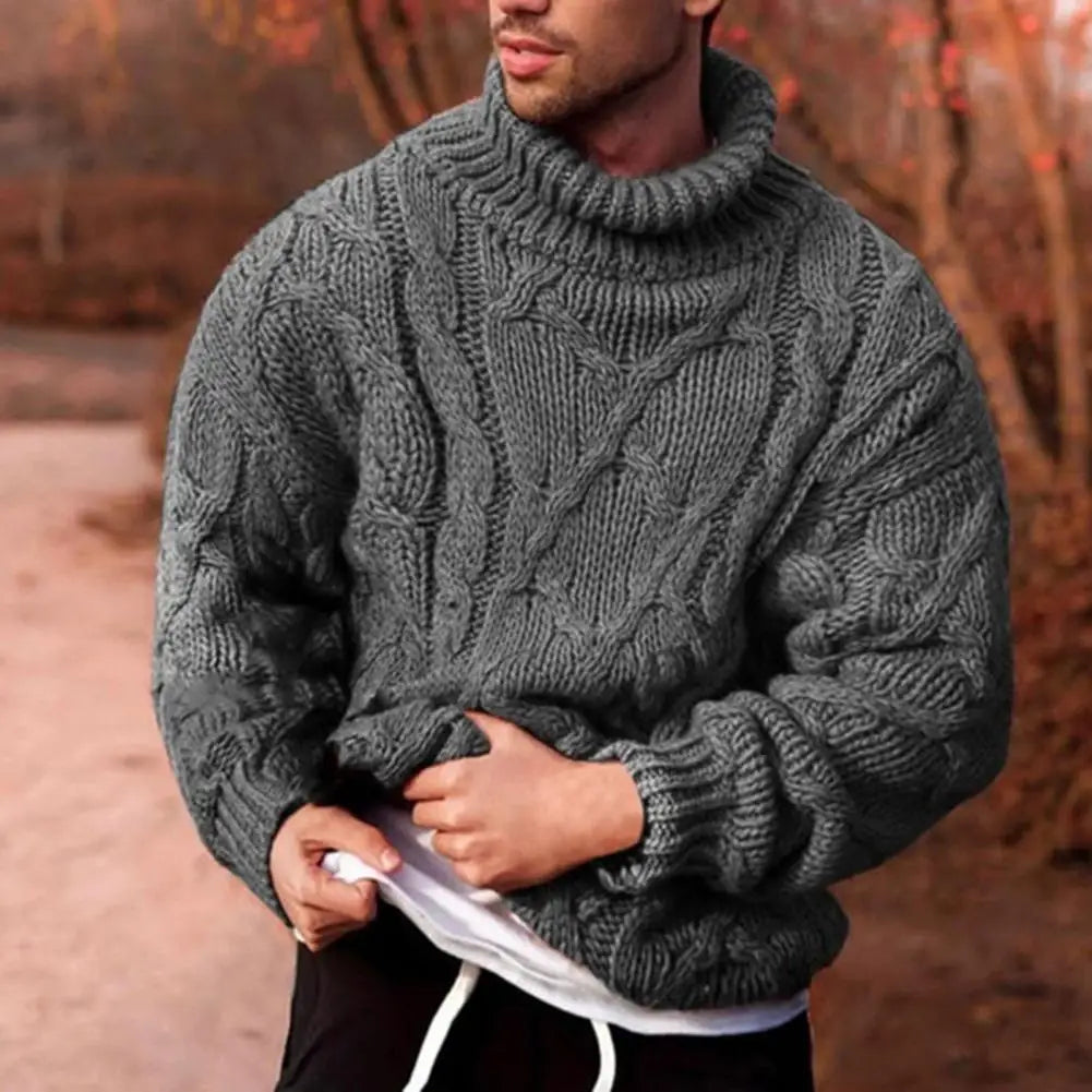Men's chunky cable knit turtleneck jumper with long sleeves and ribbed trims