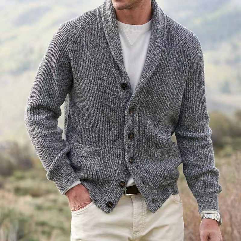 Men's ribbed knit cardigan with shawl-style collar, long sleeves, buttons and front pockets