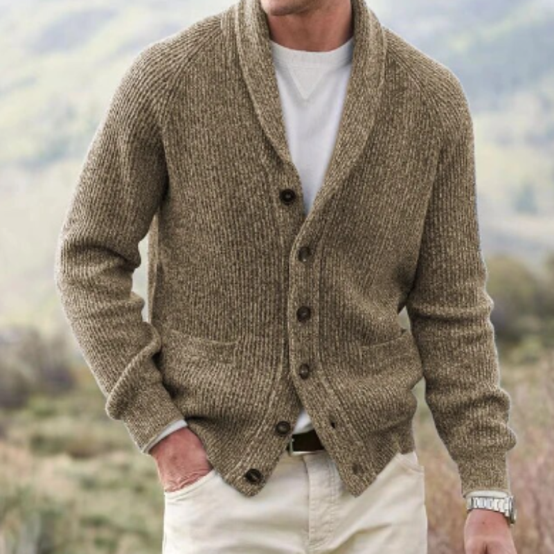 Men's ribbed knit cardigan with shawl-style collar, long sleeves, buttons and front pockets