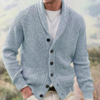 Men's ribbed knit cardigan with shawl-style collar, long sleeves, buttons and front pockets