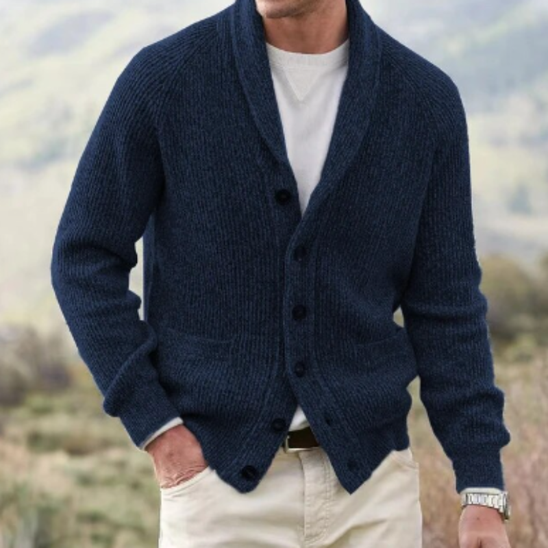 Men's ribbed knit cardigan with shawl-style collar, long sleeves, buttons and front pockets