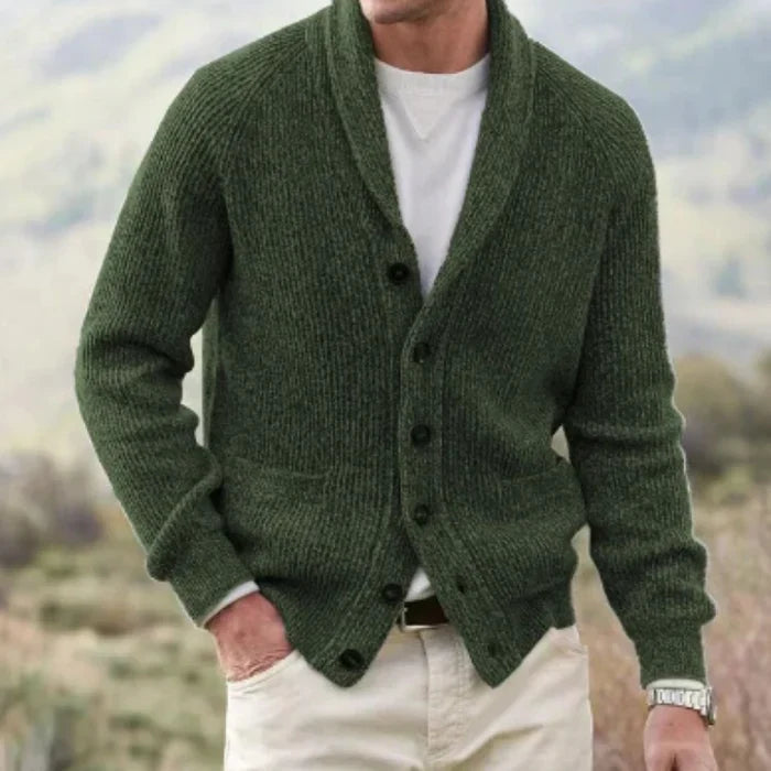 Men's ribbed knit cardigan with shawl-style collar, long sleeves, buttons and front pockets