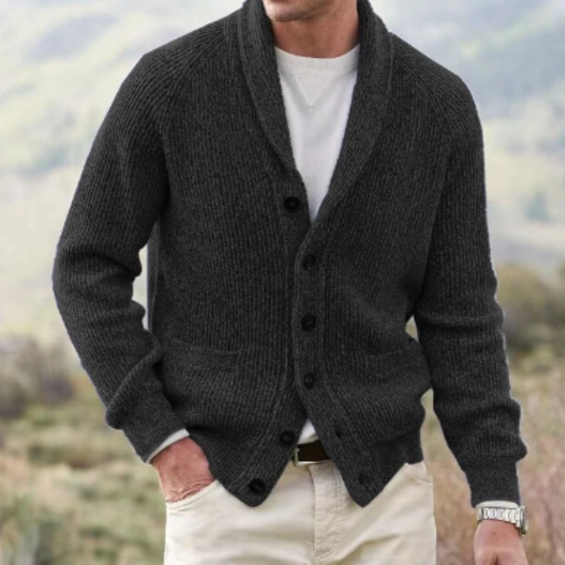 Men's ribbed knit cardigan with shawl-style collar, long sleeves, buttons and front pockets