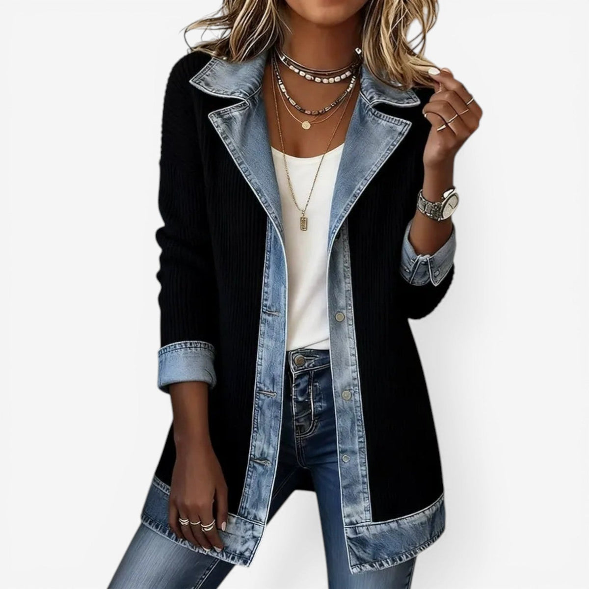 Women's long ribbed cardigan with denim-effect lapel collar and contrast trim