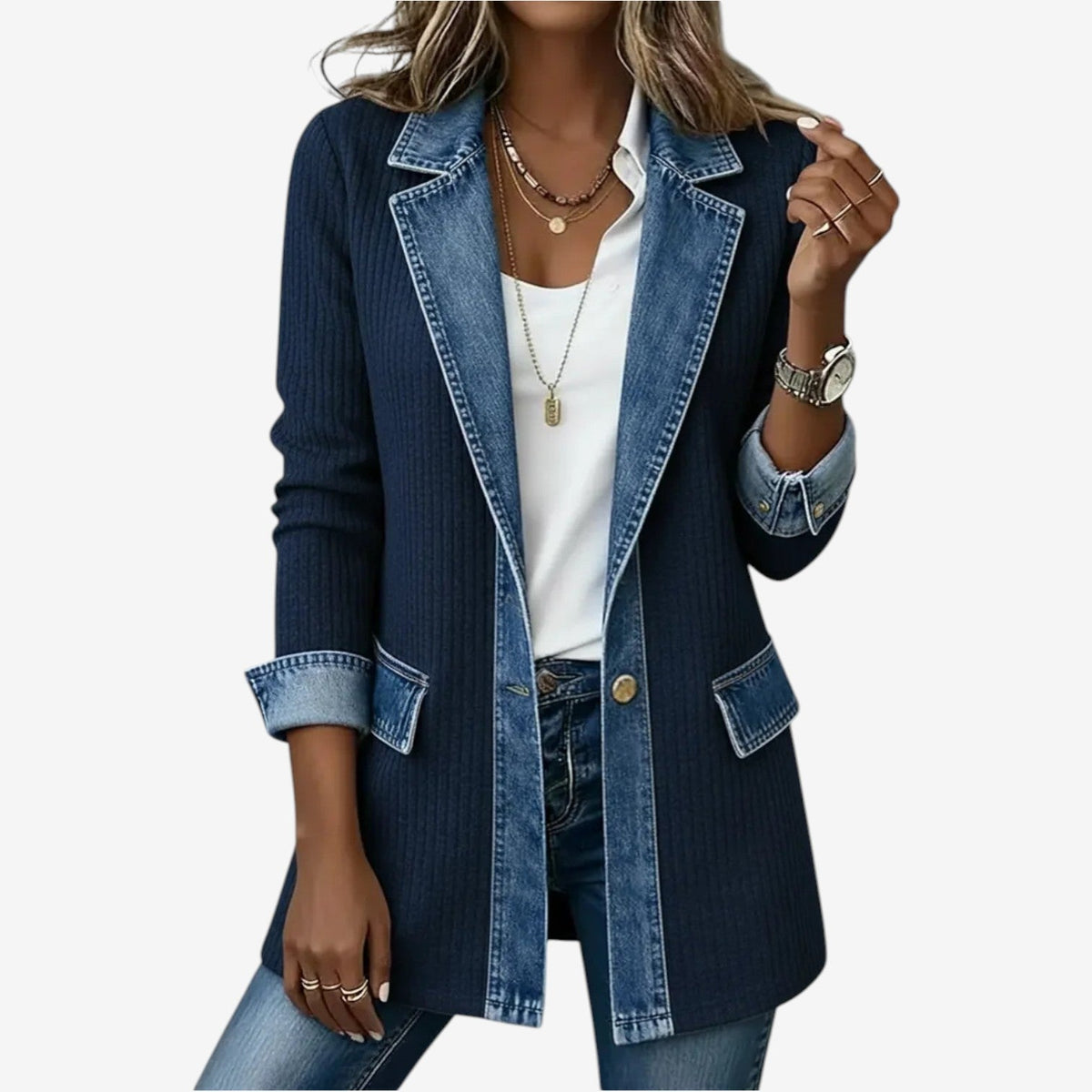 Women's long ribbed cardigan with denim-effect lapel collar and contrast trim