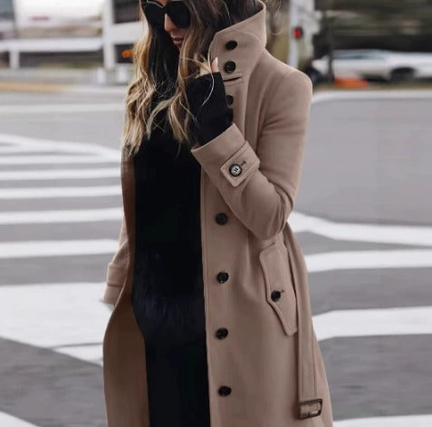 Women's knee-length coat with stand collar, button front and side pockets