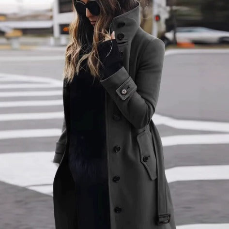 Women's knee-length coat with stand collar, button front and side pockets