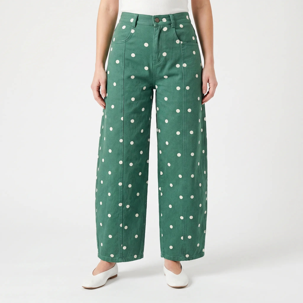 Women's high-waist barrel leg jeans with contrasting polka dots