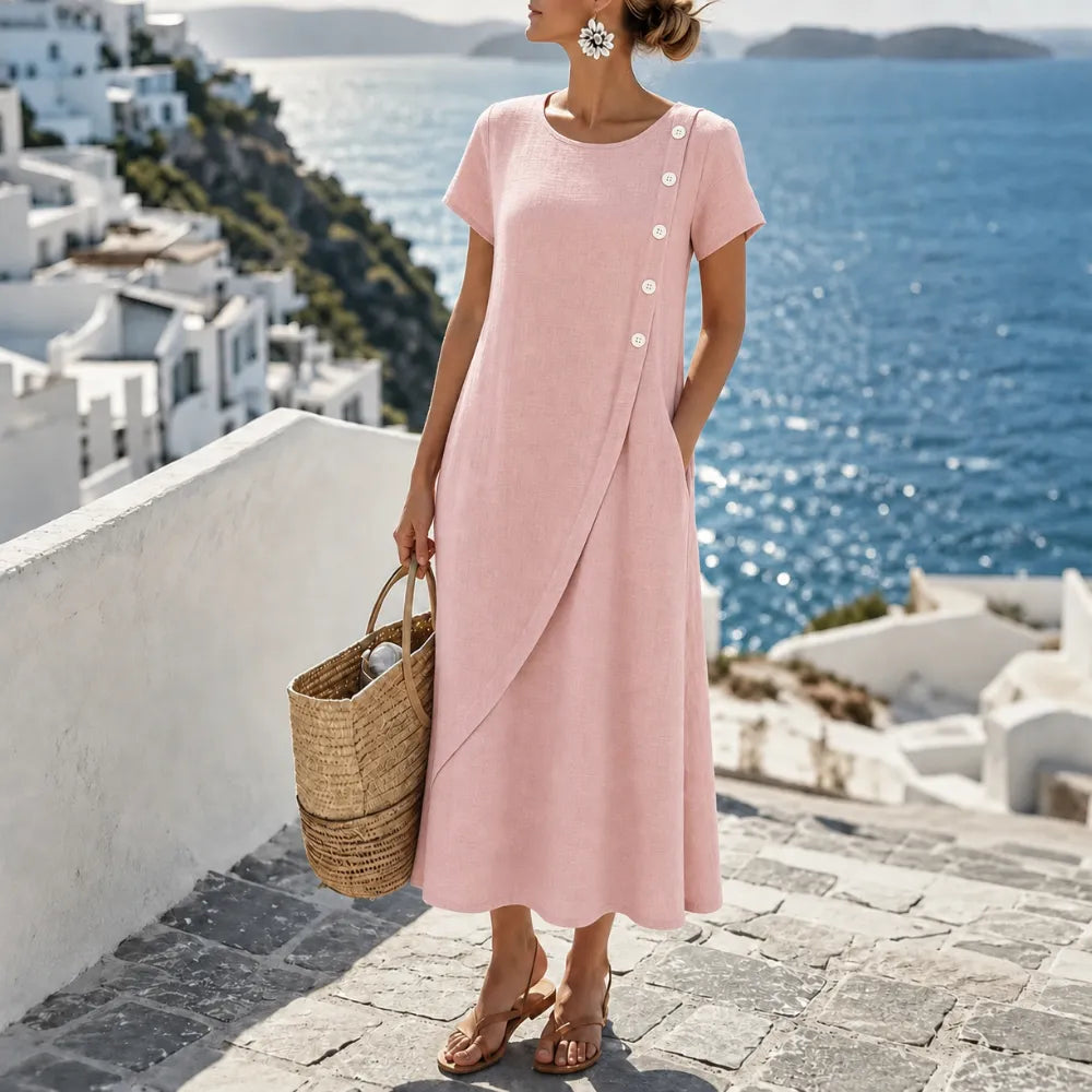 Women's asymmetric button midi dress with short sleeves and side pockets