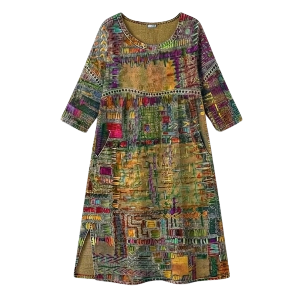 Women's colourful abstract print midi dress with round neckline and three-quarter sleeves