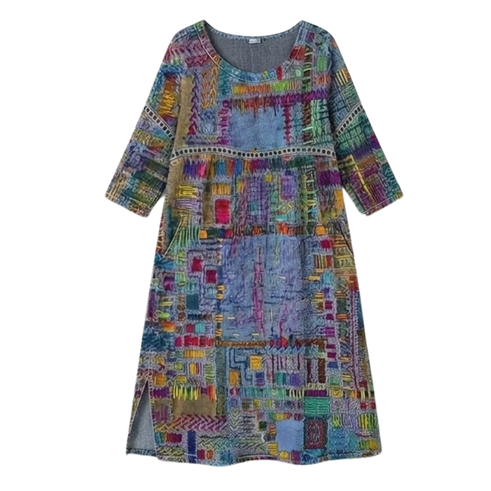 Women's colourful abstract print midi dress with round neckline and three-quarter sleeves