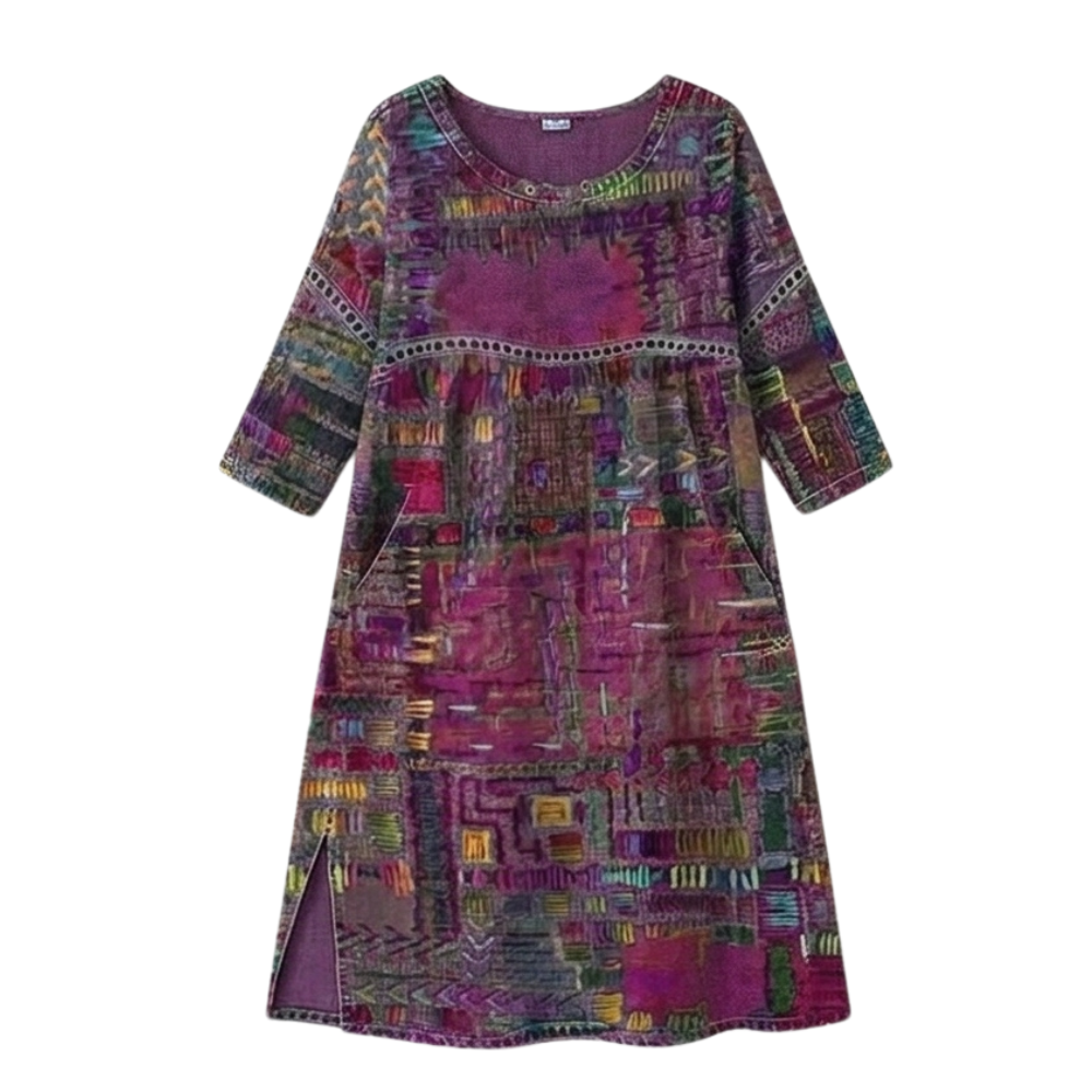 Women's colourful abstract print midi dress with round neckline and three-quarter sleeves