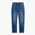 Women's cropped straight leg jeans with distressed details and frayed hems