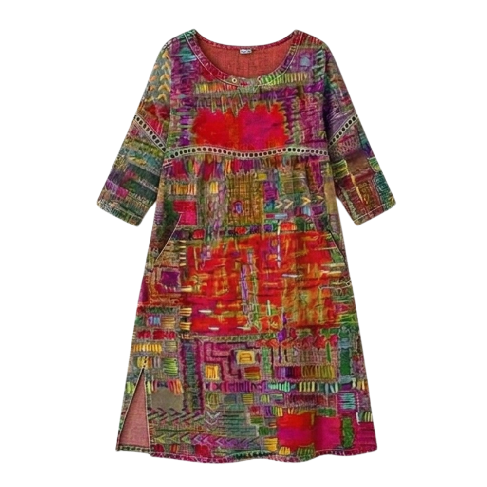 Women's colourful abstract print midi dress with round neckline and three-quarter sleeves