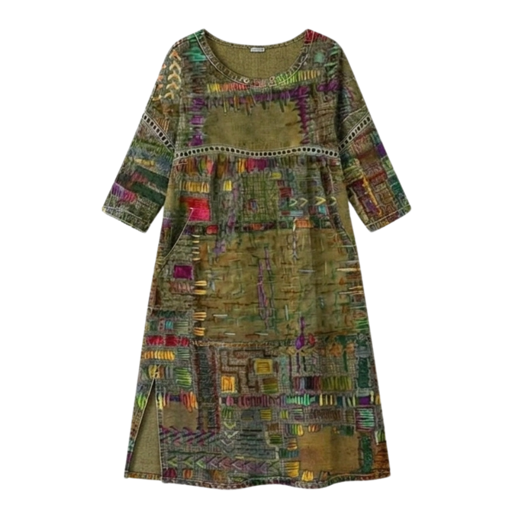 Women's colourful abstract print midi dress with round neckline and three-quarter sleeves