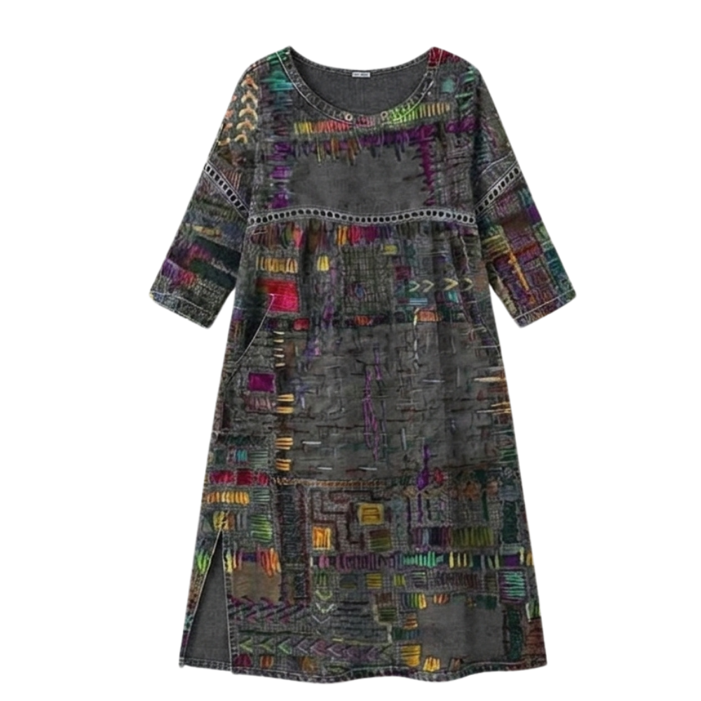 Women's colourful abstract print midi dress with round neckline and three-quarter sleeves