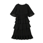 Women's layered ruffle midi dress with round neck and flared sleeves
