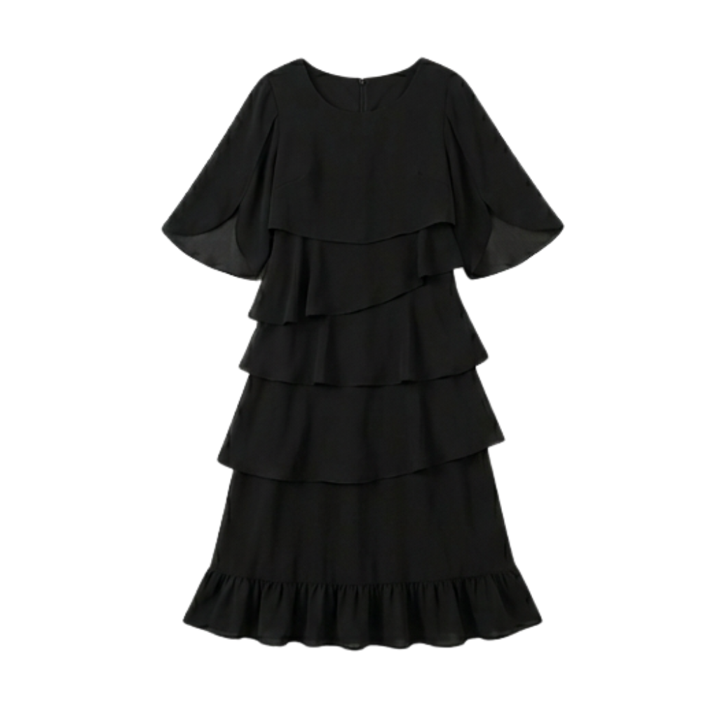 Women's layered ruffle midi dress with round neck and flared sleeves