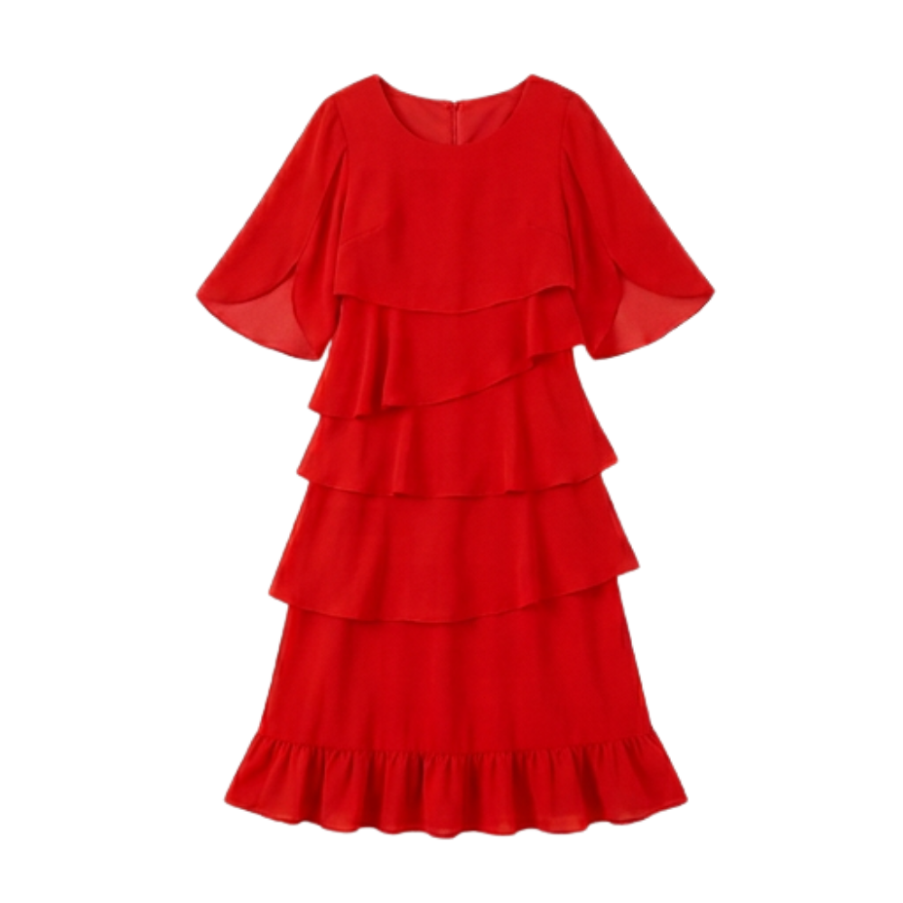 Women's layered ruffle midi dress with round neck and flared sleeves