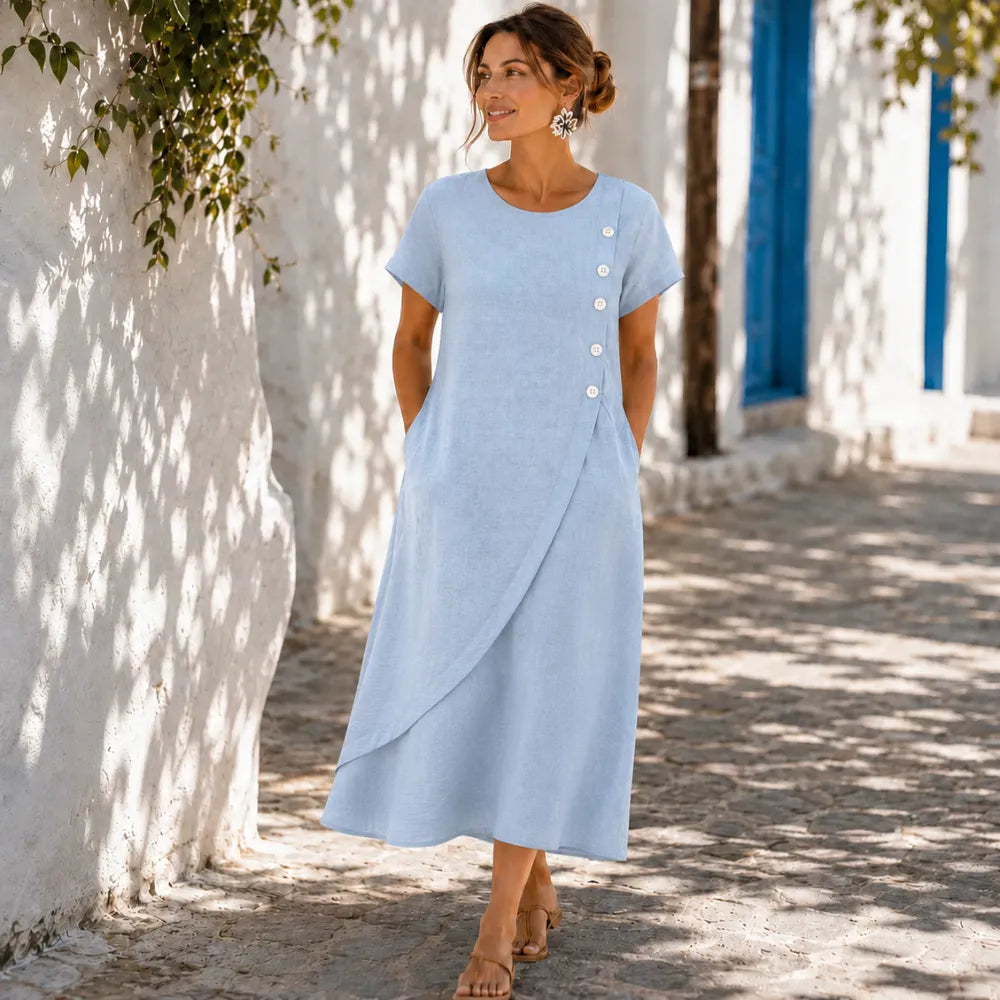 Women's asymmetric button midi dress with short sleeves and side pockets