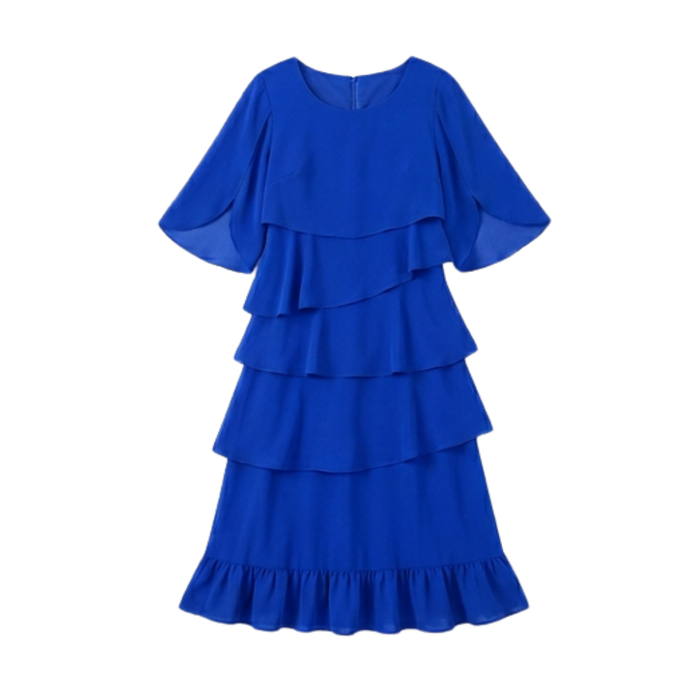 Women's layered ruffle midi dress with round neck and flared sleeves