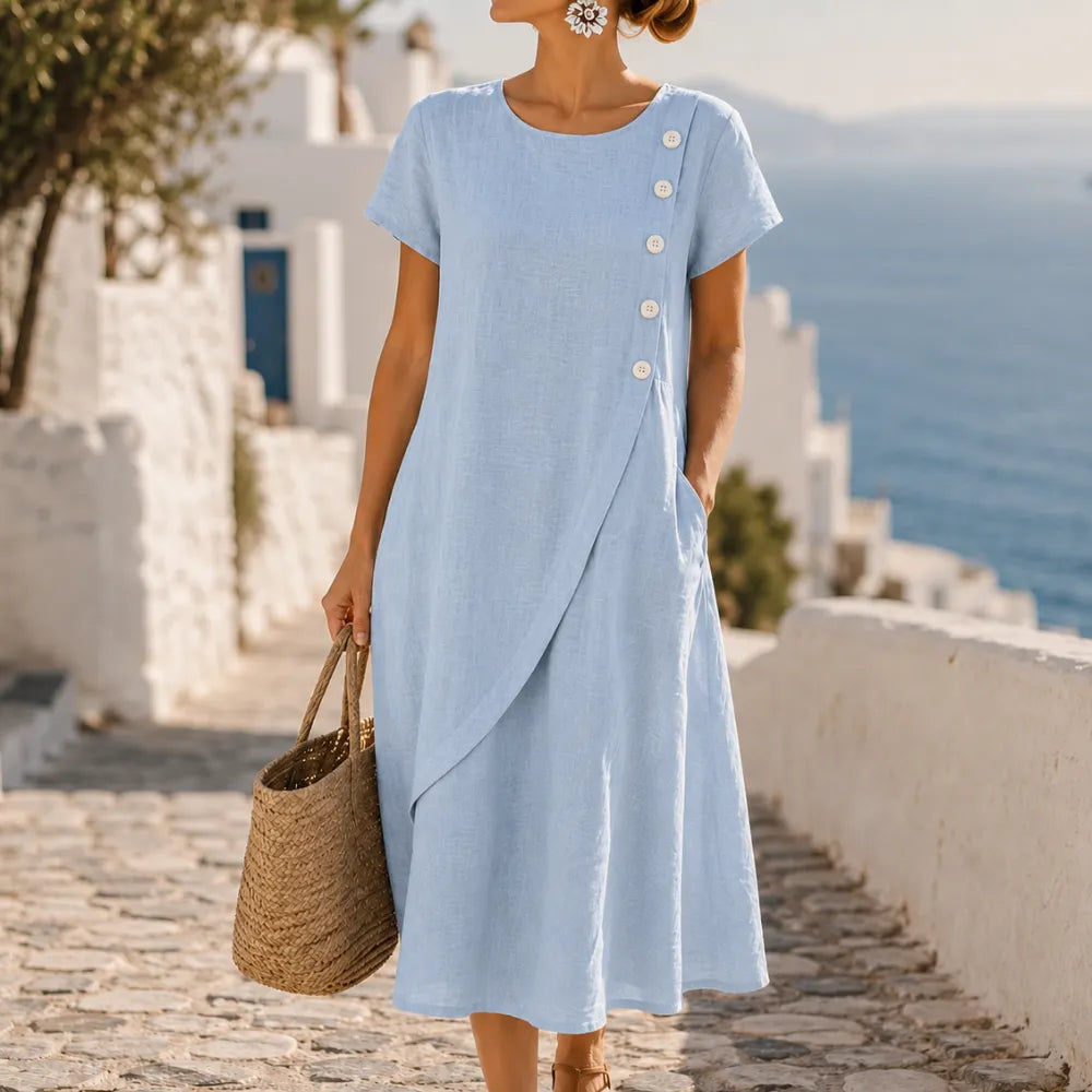 Women's asymmetric button midi dress with short sleeves and side pockets