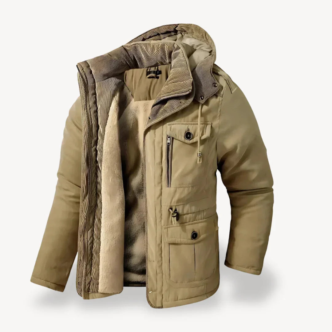 Men's hooded winter jacket with zip front and multiple utility pockets
