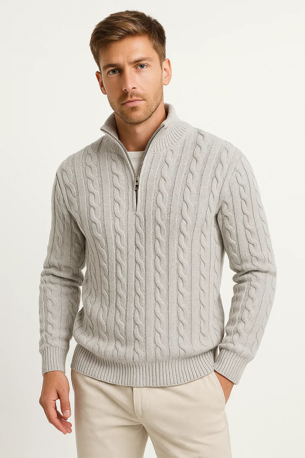Men's cable-knit quarter-zip jumper with raised collar and long sleeves