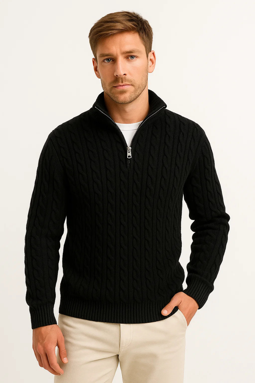 Men's cable-knit quarter-zip jumper with raised collar and long sleeves