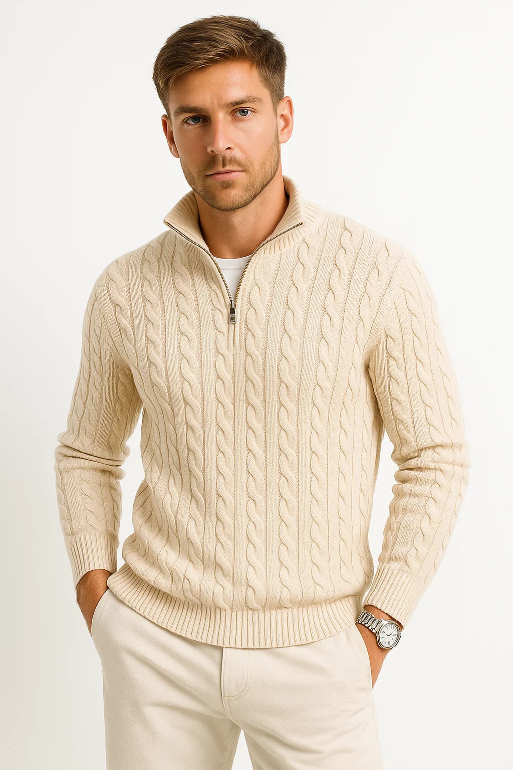 Men's cable-knit quarter-zip jumper with raised collar and long sleeves