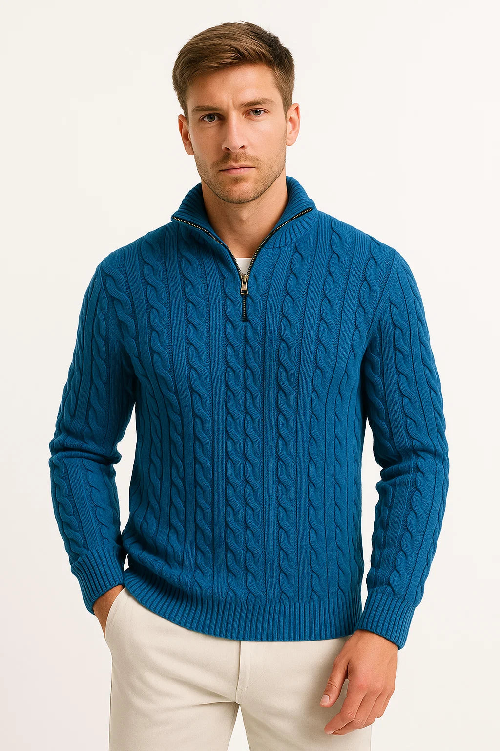 Men's cable-knit quarter-zip jumper with raised collar and long sleeves